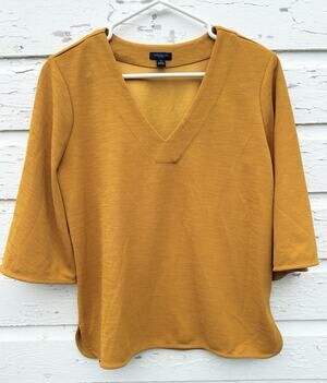Ann Taylor Blouse Top 3/4 Flare Sleeve V-Neck Mustard Yellow Casual Relaxed